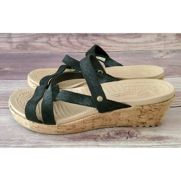 Crocs Womens A-leigh Shimmer Leather Black Sandals - Picture 2 of 6